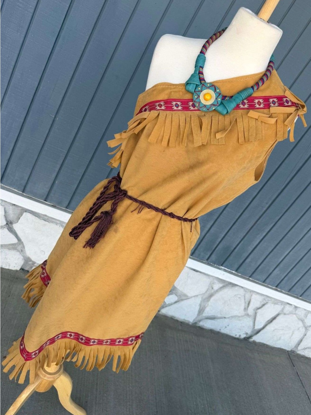 Fringed One-Shoulder Mustard Dress with Tribal Trim